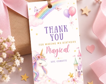 Unicorn Thank You Tags, Editable Birthday Favor Tag, Rainbow Party Gift Labels, Magical Unicorn Treat Bag Tags, Girls Birthday Printable