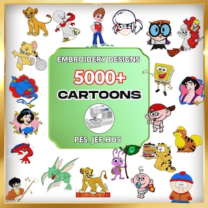 Może przedstawiać: Kolekcja wzorów haftu z postaciami z kreskówek, takimi jak Simba, Kacper i SpongeBob. Obraz zawiera tekst "EMBROIDERY DESIGNS 5000+ CARTOONS" oraz ilustrację maszyny do szycia. Wzory są kolorowe i zróżnicowane.
