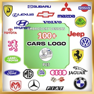 Könnte beinhalten: Ein Bild mit Logos verschiedener Automarken wie Subaru, Lexus, Chevrolet, Mazda, Nissan, Toyota, Volvo und Jeep. Der Text lautet "EMBROIDERY DESIGNS" und "100+ CARS LOGO". Eine Nähmaschine ist ebenfalls abgebildet.