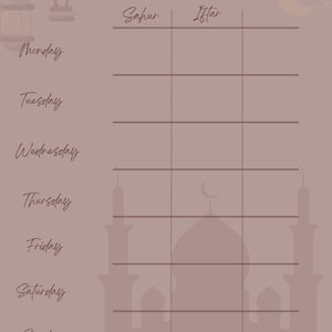 Puede incluir: Un planificador de comidas de Ramadán malva con el título en la parte superior. El planificador tiene columnas para 'Sahar' e 'Iftar' y filas para cada día de la semana. Elementos decorativos: luna creciente, faroles y silueta de mezquita.