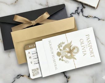 Personalized Boarding Pass Scratch Card, Gold Foil Passport, Gold plane & tie