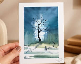 Winter – Cat Watercolor Print A6, Moody Snow Landscape Wall Art