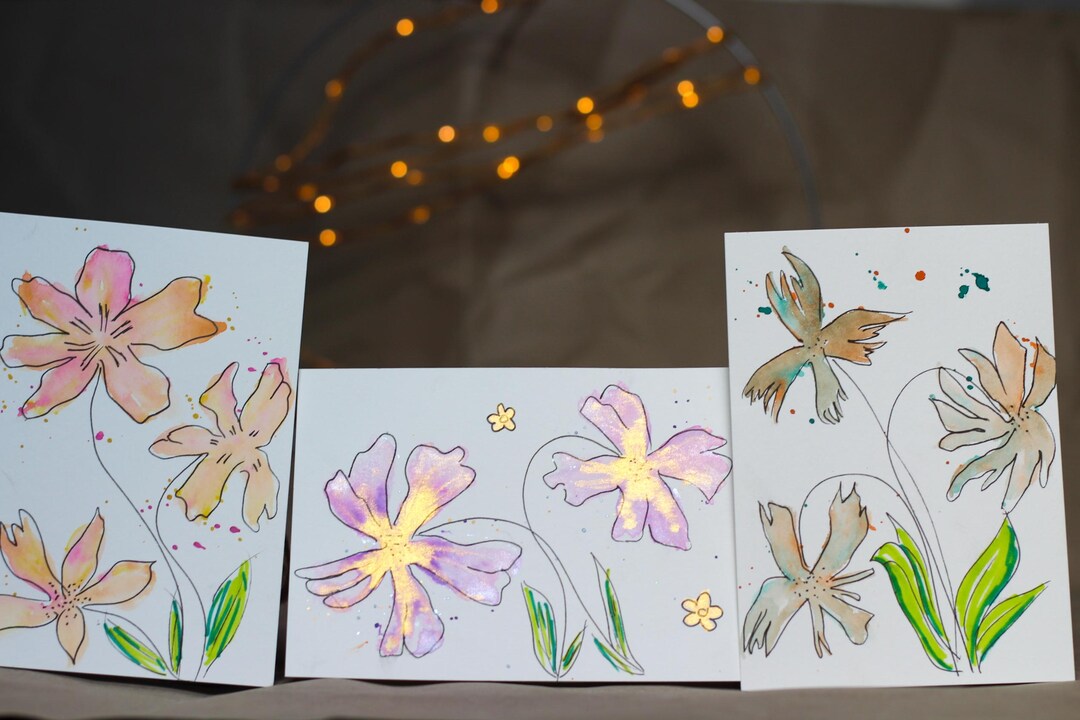 Set of 3 A6 Flower Cards | Hand-painted Watercolor Cards With Metallic ...