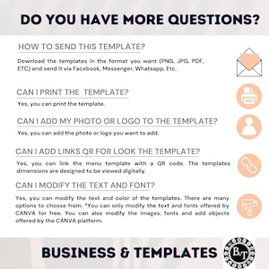 May include: A promotional graphic with the text "DO YOU HAVE MORE QUESTIONS?" and answers to common template inquiries. The graphic includes icons and the text "BUSINESS & TEMPLATES". The color scheme is black, white, and peach.