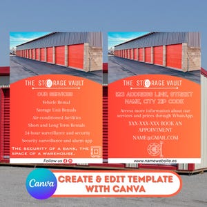 Puede incluir: Dos tarjetas de visita naranjas y blancas para "The Storage Vault" con un almacén de fondo. Las tarjetas enumeran servicios, información de contacto y un logotipo de Canva. Anuncian alquiler de unidades de almacenamiento, vehículos y características de seguridad.