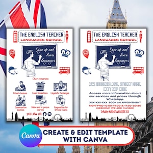 Può includere: Due poster per "The English Teacher Languages School" con una bandiera Union Jack sullo sfondo. I poster presentano illustrazioni di una persona che scrive su una lavagna, icone e testo che promuovono corsi di lingua. Il logo Canva è in basso.