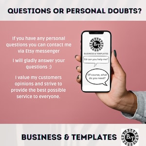 May include: A smartphone displaying a conversation bubble with the text "Ed can you help me?" and "Of course, what do you need?" The phone is held in a hand against a pink background. The image includes the text "BUSINESS & TEMPLATES".
