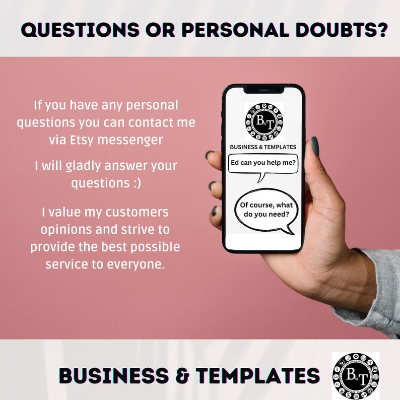 May include: A smartphone displaying a conversation bubble with the text "Ed can you help me?" and "Of course, what do you need?" The phone is held in a hand against a pink background. The image includes the text "BUSINESS & TEMPLATES".