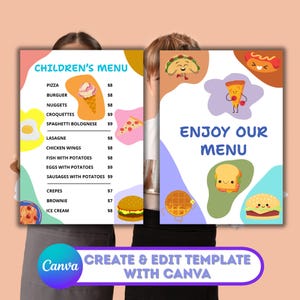 Puede incluir: Un menú infantil con un diseño colorido, que presenta una lista de alimentos como pizza, hamburguesas y helado. El menú incluye el texto "CHILDREN'S MENU" y "ENJOY OUR MENU", con el logotipo de Canva y el texto "CREATE & EDIT TEMPLATE WITH CANVA".