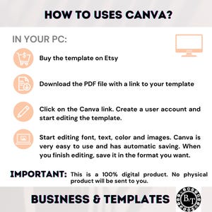 May include: A graphic with the text "HOW TO USES CANVA?" and instructions for using Canva templates on a PC. The steps include buying a template on Etsy, downloading a PDF, and editing in Canva. The image is for business templates.