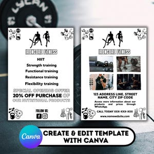 Puede incluir: Dos folletos blancos con texto y gráficos en negro que promocionan Ironcore Fitness. Los folletos enumeran servicios como HIIT, entrenamiento de fuerza y entrenamiento de flexibilidad. Un folleto ofrece un 20% de descuento en productos nutricionales. El otro proporciona información de contacto.