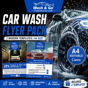 Puede incluir: Un paquete de folletos digitales para un negocio de lavado de autos con dos plantillas A4. El diseño incluye el texto Wash & Go Professional Car wash, Car Wash Flyer Pack, 2 Modern Templates, A4 Size y A4 Editable Canva. Se muestra un auto con espuma.