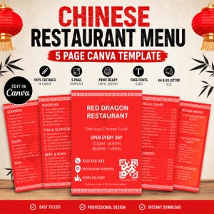 Editable Chinese Restaurant Menu Template, Printable Digital QR Code Menu, Red Asian Traditional Menu Design, Custom Takeout Delivery Menu