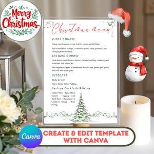 Puede incluir: Una plantilla de menú navideño con un encabezado en letra roja, una lista de platos que incluye salmón, pavo y postres, y una ilustración en acuarela verde de un árbol de Navidad. El diseño incluye un muñeco de nieve y un gorro de Papá Noel.