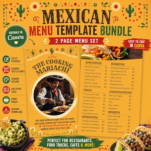 Puede incluir: Un paquete de plantillas de menú mexicano que incluye un juego de dos páginas con fondos amarillos y motivos decorativos de cactus. El diseño incluye campos de texto para aperitivos, burritos, tacos y postres, junto a una foto circular de un chef mariachi.