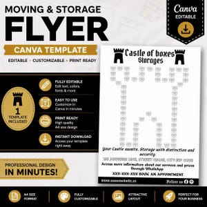 Storage Unit Flyer, Castle Of Boxes Template - Stone Grey, Guard Blue Accents, Editable Canva A4, Digital Download, Secure Lock-Up Icons