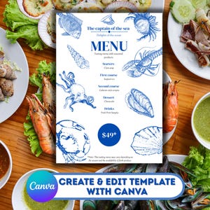 Puede incluir: Un menú de mariscos con ilustraciones azules de vida marina, incluyendo un pez, un cangrejo y un pulpo. El menú, titulado "The captain of the sea", enumera entrantes, primeros y segundos platos, postre y bebidas. El precio es de 49 €.
