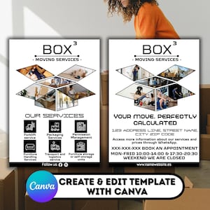 Puede incluir: Dos folletos blancos con texto negro que promocionan servicios de mudanza. Los folletos presentan el texto "BOX³ MOVING SERVICES" e incluyen iconos que representan servicios como carretillas elevadoras, embalaje y manipulación de muebles. Un folleto dice "SU MUDANZA, PERFECTAMENTE CALCULADA".