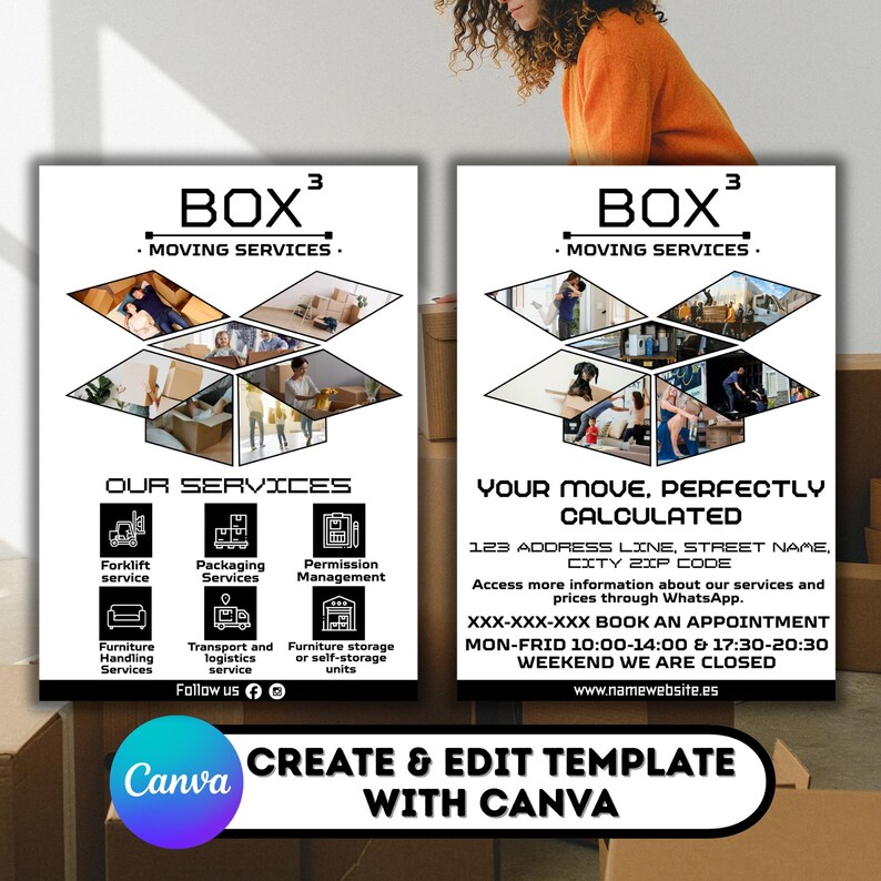 Relocating Advertisement Examples Moving Company Flyer Template, Editable Canva Moving Services Flyer ...