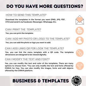 May include: A promotional graphic with the text "DO YOU HAVE MORE QUESTIONS?" and answers to common template inquiries. The image includes icons and answers about printing, adding photos, QR codes, and modifying text. The bottom of the image reads "BUSINESS & TEMPLATES."