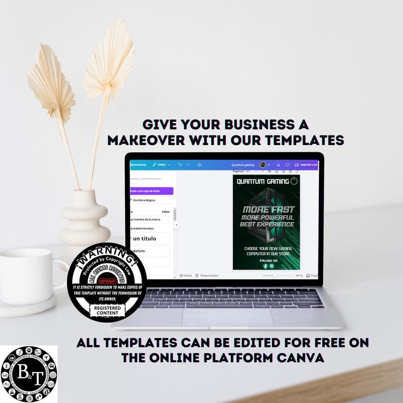 May include: A laptop displays a gaming advertisement with the text "MORE FAST MORE POWERFUL BEST EXPERIENCE." The image also includes text that says "GIVE YOUR BUSINESS A MAKEOVER WITH OUR TEMPLATES" and "ALL TEMPLATES CAN BE EDITED FOR FREE ON THE ONLINE PLATFORM CANVA."
