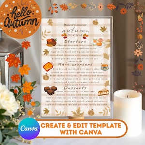 Puede incluir: Una plantilla de menú de otoño rectangular vertical con fondo de cuadros beige, ilustrada con calabazas, hojas y platos. El texto incluye secciones para Starters, Main courses y Desserts con varias descripciones de platos.