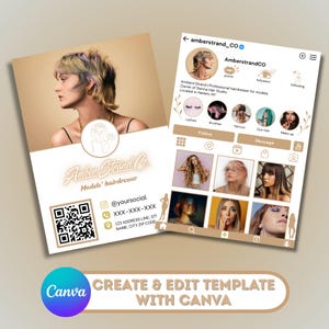Puede incluir: Una plantilla de marketing digital para un estudio de peluquería con una tarjeta de perfil y una maqueta de interfaz de redes sociales. El diseño incluye un retrato de una persona con pelo corto, un código QR, marcadores de contacto y una cuadrícula.