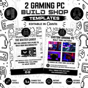 Puede incluir: Dos plantillas digitales para una tienda de PC gaming, editables en Canva. Los diseños presentan ilustraciones de línea en blanco y negro de equipo de juego, incluyendo mandos y auriculares, con encabezados como 2 GAMING PC BUILD SHOP TEMPLATES.