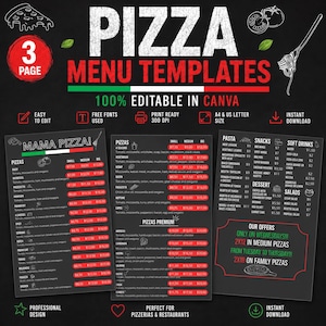 Puede incluir: Un conjunto de tres plantillas de menú de pizza negras con texto blanco y cajas de precios rojas. El diseño presenta ilustraciones de porciones de pizza, tomates y pasta. El texto incluye PIZZA MENU TEMPLATES, 100% EDITABLE IN CANVA y varios platos con precios.