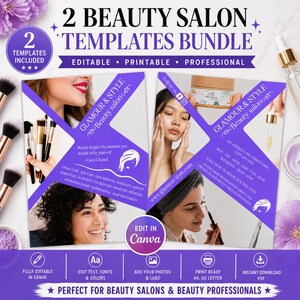Puede incluir: Un paquete digital de dos plantillas para salones de belleza con diseño en morado y blanco. Incluye espacios para fotos, listas de servicios, información de contacto e iconos de redes sociales, con texto indicando edición en Canva.
