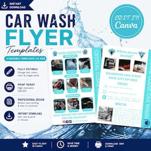 Puede incluir: Una plantilla de folleto digital para un servicio de lavado de autos con el texto CAR WASH FLYER Templates, Edit in Canva y Our Services. El diseño incluye gráficos en azul y blanco, salpicaduras de agua y espacios para imágenes y datos.
