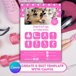 Puede incluir: Un folleto rosa y blanco para Grace & Grit Gym, que anuncia sesiones de entrenamiento como yoga y Pilates. El folleto presenta imágenes de personas haciendo ejercicio y el logotipo de Canva.