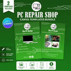 Puede incluir: Un paquete de plantillas de Canva para taller de reparación de PC en verde, con dos diseños de folletos, iconos de computadora, gráficos de circuitos y texto que incluye PC Repair Shop, The PC Doctor y datos de contacto.