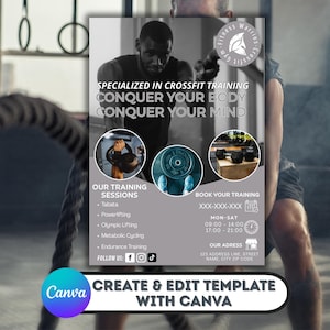 Puede incluir: Un cartel promocional para un gimnasio de CrossFit. El cartel presenta una imagen en escala de grises de un hombre haciendo ejercicio, con el texto "SPECIALIZED IN CROSSFIT TRAINING CONQUER YOUR BODY CONQUER YOUR MIND". También enumera sesiones de entrenamiento e información de contacto.