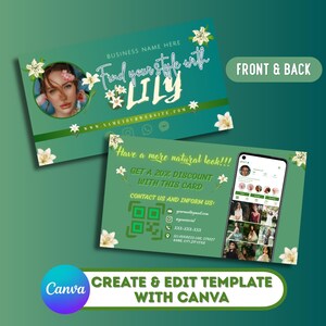 Lily Business Card, Green Black Salon Design | Double-Sided Canva Template, QR Code Placeholder