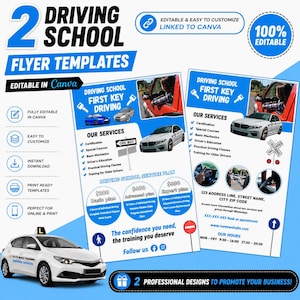 Puede incluir: Dos plantillas de folletos para autoescuela con esquemas de color azul y blanco, imágenes de coches y listas de servicios. Los diseños incluyen texto como Driving School First Key Driving y Our Services, totalmente editables en Canva.