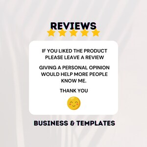 May include: A graphic with the word "REVIEWS" above a white rectangle. The rectangle contains text encouraging reviews and a smiling emoji. The words "BUSINESS & TEMPLATES" are at the bottom.