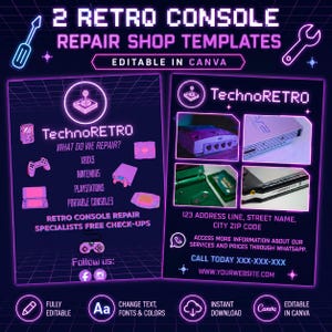 May include: Two digital templates for a retro console repair shop featuring neon purple text and graphics on a dark background. The designs include icons of game controllers, repair tools, and placeholders for images of consoles and contact information.