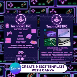 Puede incluir: Diseño de tarjeta de visita para TechnoRETRO, un servicio de reparación de consolas retro. La tarjeta presenta una combinación de colores púrpura y azul con acentos de neón. Enumera servicios para Xbox, Nintendo, PlayStation y consolas portátiles. La tarjeta también incluye información de contacto y enlaces a redes sociales.