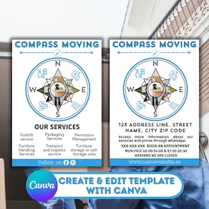 May include: Two business cards for Compass Moving, featuring a compass rose design. The cards list services like forklift and furniture handling. One card includes contact information and a website address. The Canva logo is at the bottom.