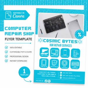Puede incluir: Una plantilla de folleto digital para un taller de reparación de ordenadores llamado Cosmic Bytes. El diseño presenta un esquema de colores azul claro y blanco con iconos para portátiles, sobremesas, smartphones, consolas y componentes.