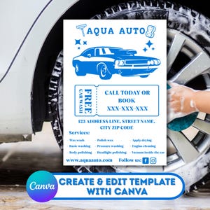 Może przedstawiać: Niebiesko-biała reklama myjni samochodowej z sylwetką klasycznego samochodu, kuponem i listą usług. Tekst zawiera "Aqua Auto", "Bezpłatne mycie samochodu" i dane kontaktowe.