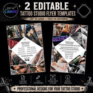 Flyer voor tattoostudio, symmetrische lay-out | A4 Canva-sjabloon, foto's slepen en neerzetten, printklare poster