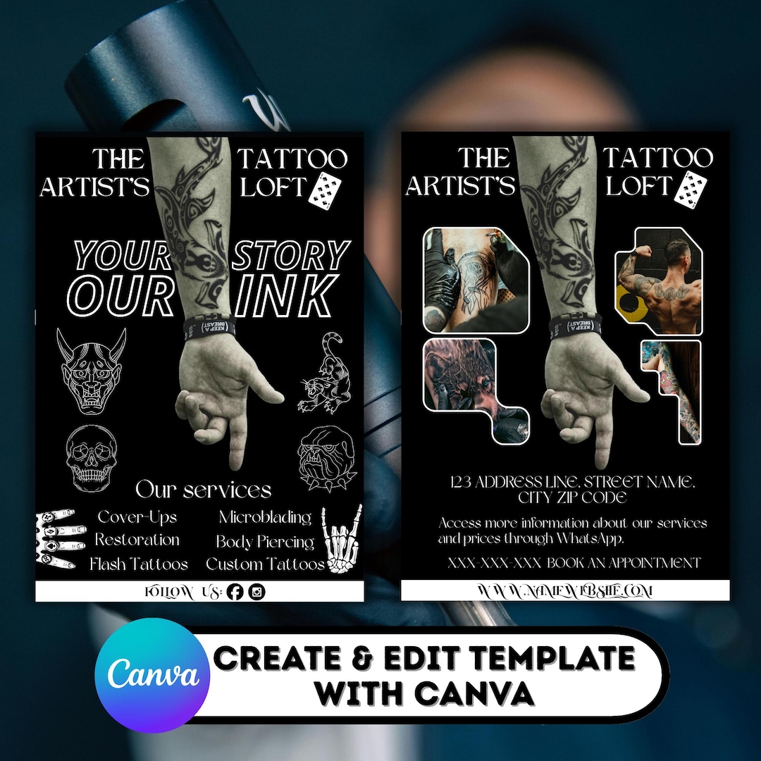 Tattoo Studio Flyer Template, Editable Canva Booking Flyer, Black White ...
