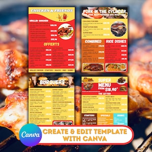 Puede incluir: Un colorido menú de restaurante con secciones para pollo, costillas, hamburguesas y platos de arroz. El menú incluye precios e imágenes de la comida. El texto "Chicken & Friends" y "Pork in the Cylinder" son visibles. El logotipo de Canva está en la parte inferior.