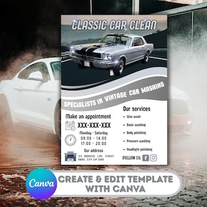 Puede incluir: Un cartel promocional de "Classic Car Clean" con un coche clásico con rayas negras. El cartel enumera servicios como lavado con cera y pulido de faros, junto con información de contacto y horarios.