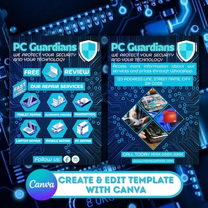 Puede incluir: Un folleto azul y blanco para PC Guardians, un servicio de reparación tecnológica. El folleto incluye el nombre de la empresa, los servicios ofrecidos como la reparación de tabletas y portátiles, y la información de contacto. El logotipo de Canva también está presente.