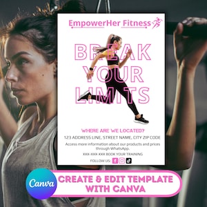 Puede incluir: Un cartel de fitness con el texto "EmpowerHer Fitness" y "BREAK YOUR LIMITS" en rosa. Presenta a una mujer con ropa deportiva corriendo. Incluye información de contacto e iconos de redes sociales. El logotipo de Canva está en la parte inferior.