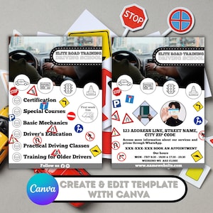 Peut inclure: Deux flyers pour une auto-école, avec un intérieur de voiture et des panneaux routiers. Les flyers listent des services tels que la certification et les cours de conduite pratique. Les coordonnées incluent un numéro de téléphone et un site web. Le logo Canva est en bas.