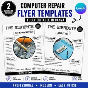 Puede incluir: Dos plantillas de folletos para reparación de computadoras con fondo blanco y texto negro. Los diseños incluyen imágenes circulares de placas de circuitos y herramientas, con secciones para servicios, información de contacto e iconos de redes sociales, totalmente editables en Canva.